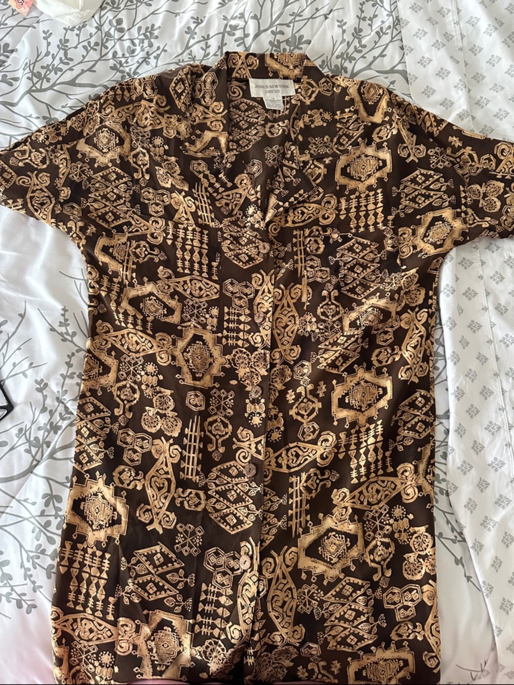 Brown & Gold Patterned Button-Up Shirt Dress